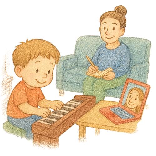 boy doing online piano lesson